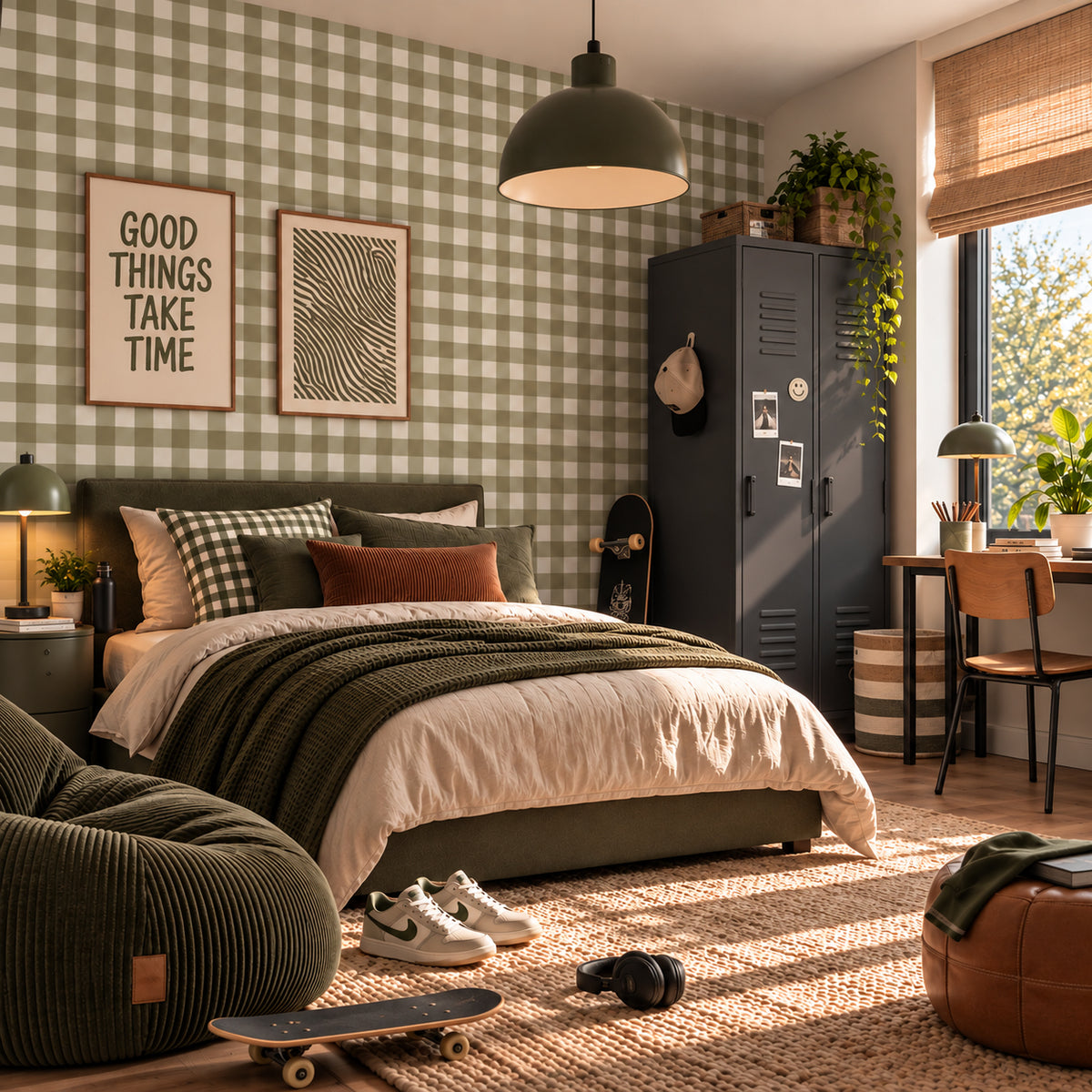 Gingham Olive karierte Tapete in Olivgrün und Creme – modernes Karomuster für Kinderzimmer